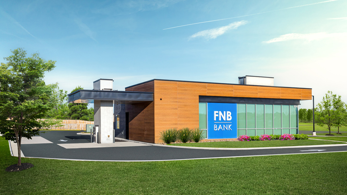 FNB Bank exterior with drive-thru and ATM