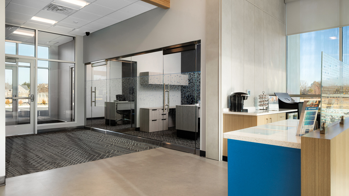 FNB Building interior lobby view of offices and coffee break area