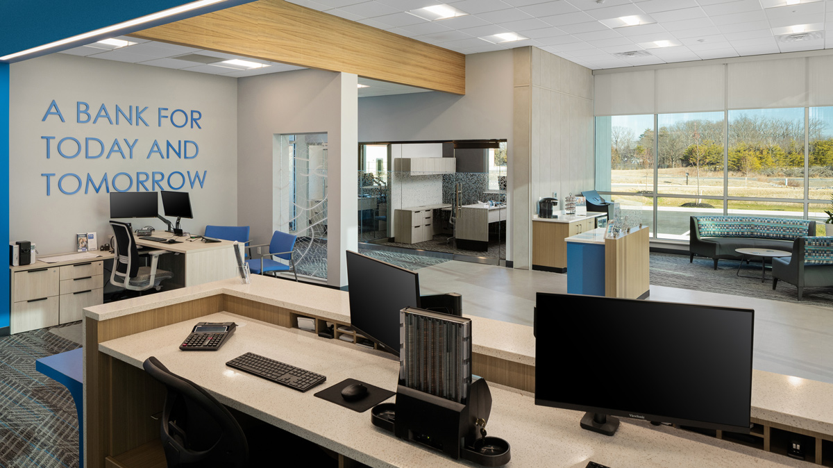 FNB Bank lobby view from behind the teller desk