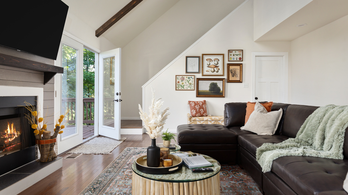 living room with natural brown and green accents