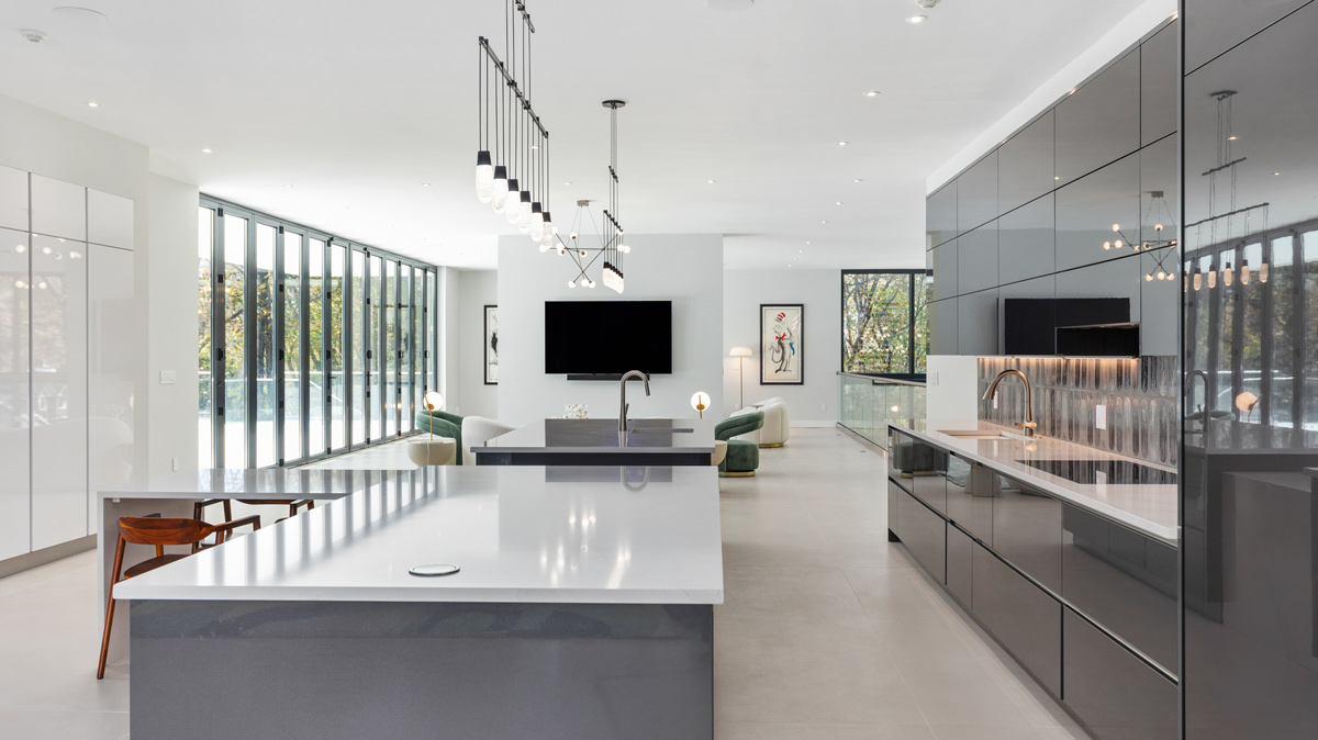 Midcentury modern kitchen with two islands