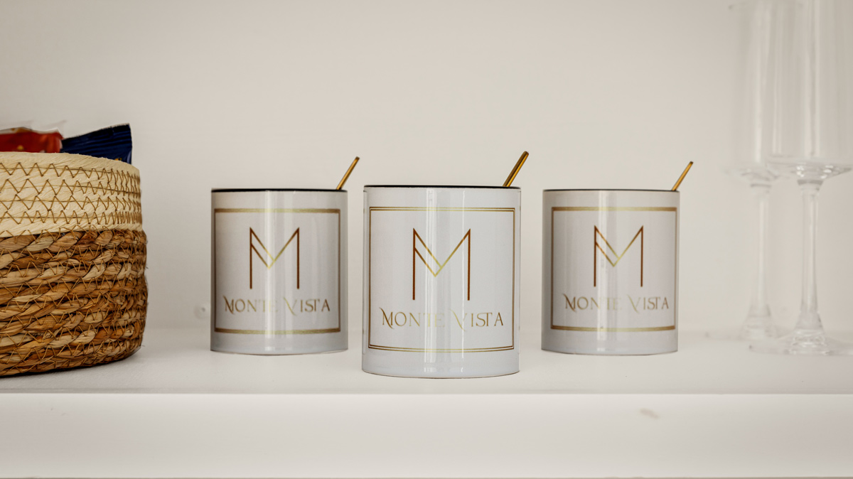 Monte Vista coffee cups on a shelf
